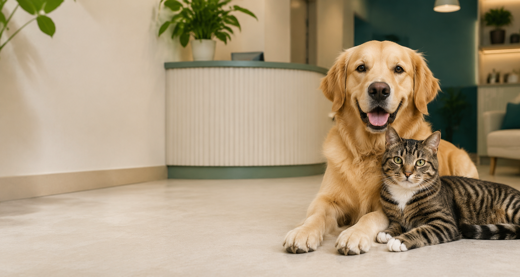 Um cachorro e um gato tranquilos em uma clínica veterinária moderna